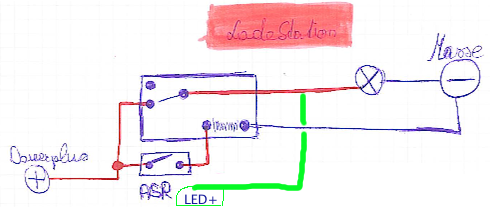 _<br />Original Plan ohne LED Beleuchtung des Tasters.<br /><br />Wenn ich das LED mit konstanter Leuchtkraft haben möchte, kann ich von der Linie zum Licht noch eine zum PLUS-PIN des LED's legen (Grüne Linie)<br />Zum Dimmen - ein paar Widerstände davor.
